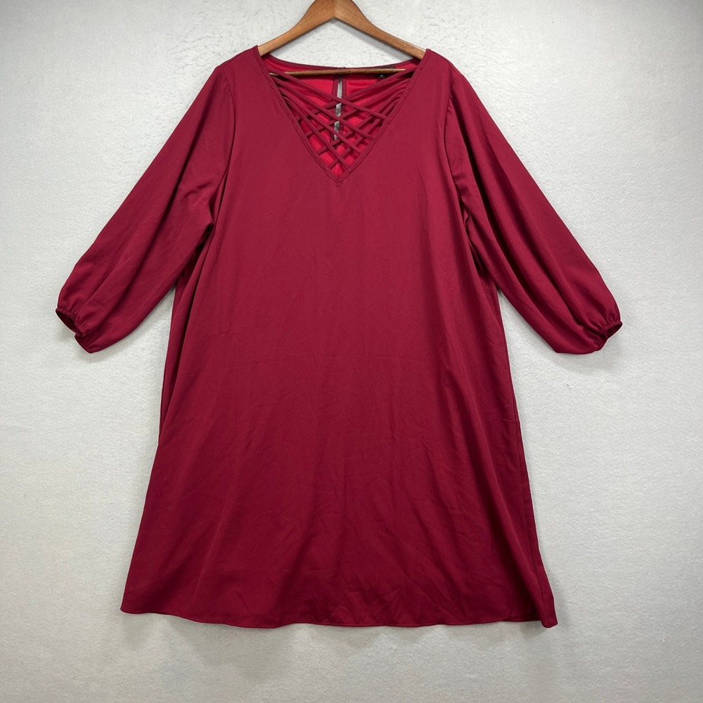 Andree by UNIT Dress Womens 2X Red Lattice V Neck Long Sleeve A Line Mini Boho